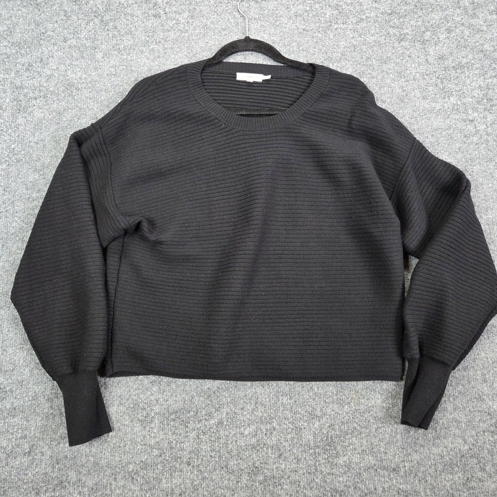Good American Sweater Womens 2 Black Ribbed Knit Crewneck Pullover Top‎ GSK0217
